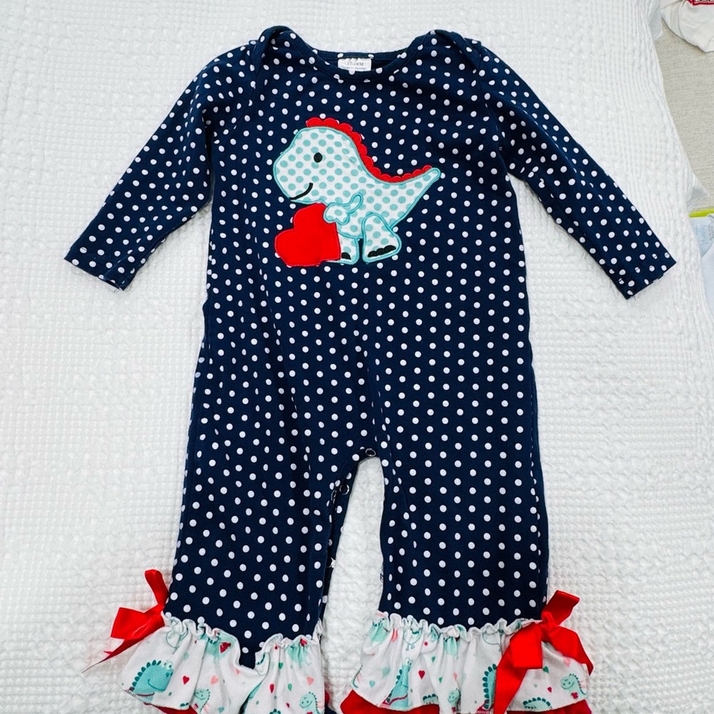 Polka Dot Dinosaur Baby Romper, valentine embroidered, appliqué valentine